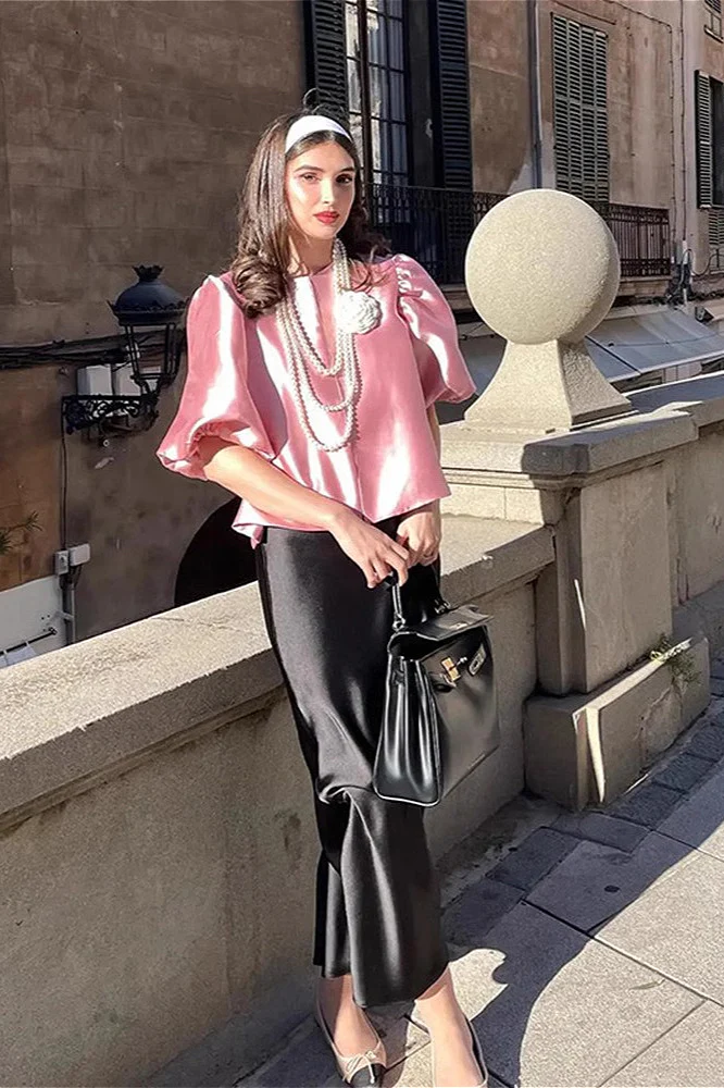 French Style Short Satin Balloon Sleeve Blouse - Image 3