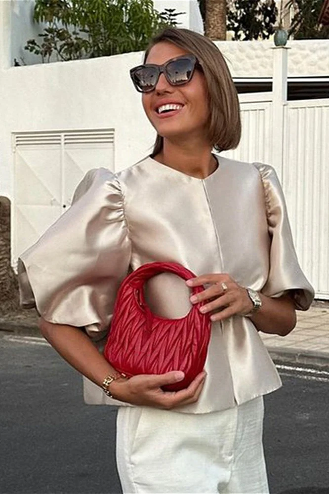 French Style Short Satin Balloon Sleeve Blouse - Image 4
