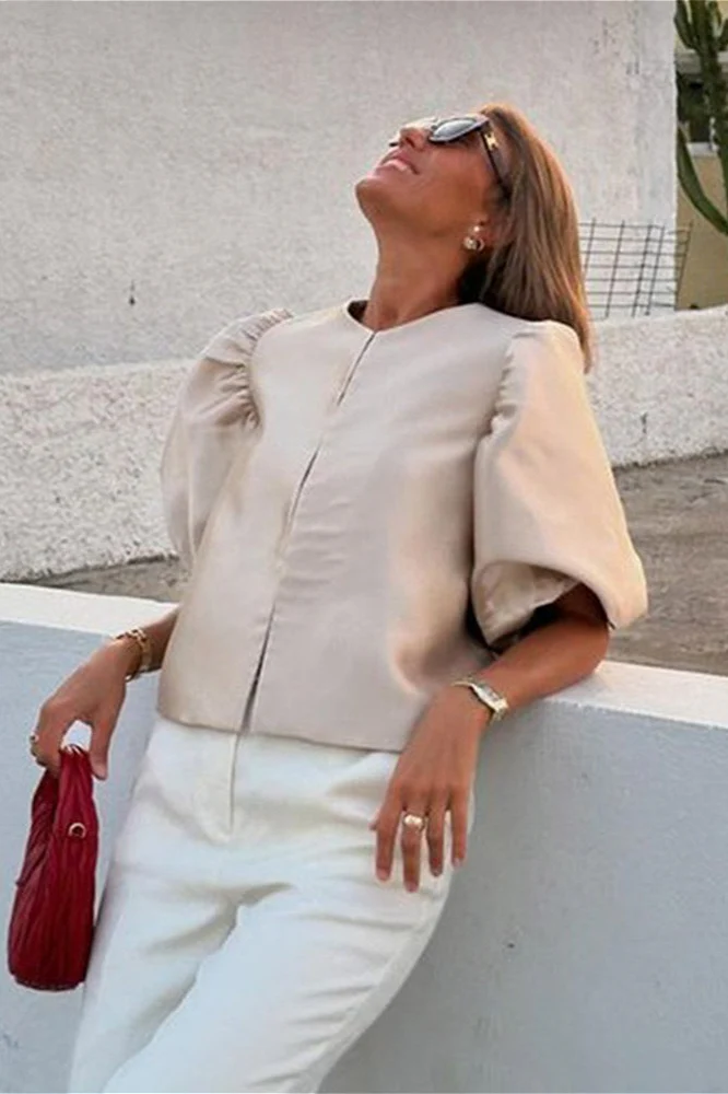 French Style Short Satin Balloon Sleeve Blouse - Image 5