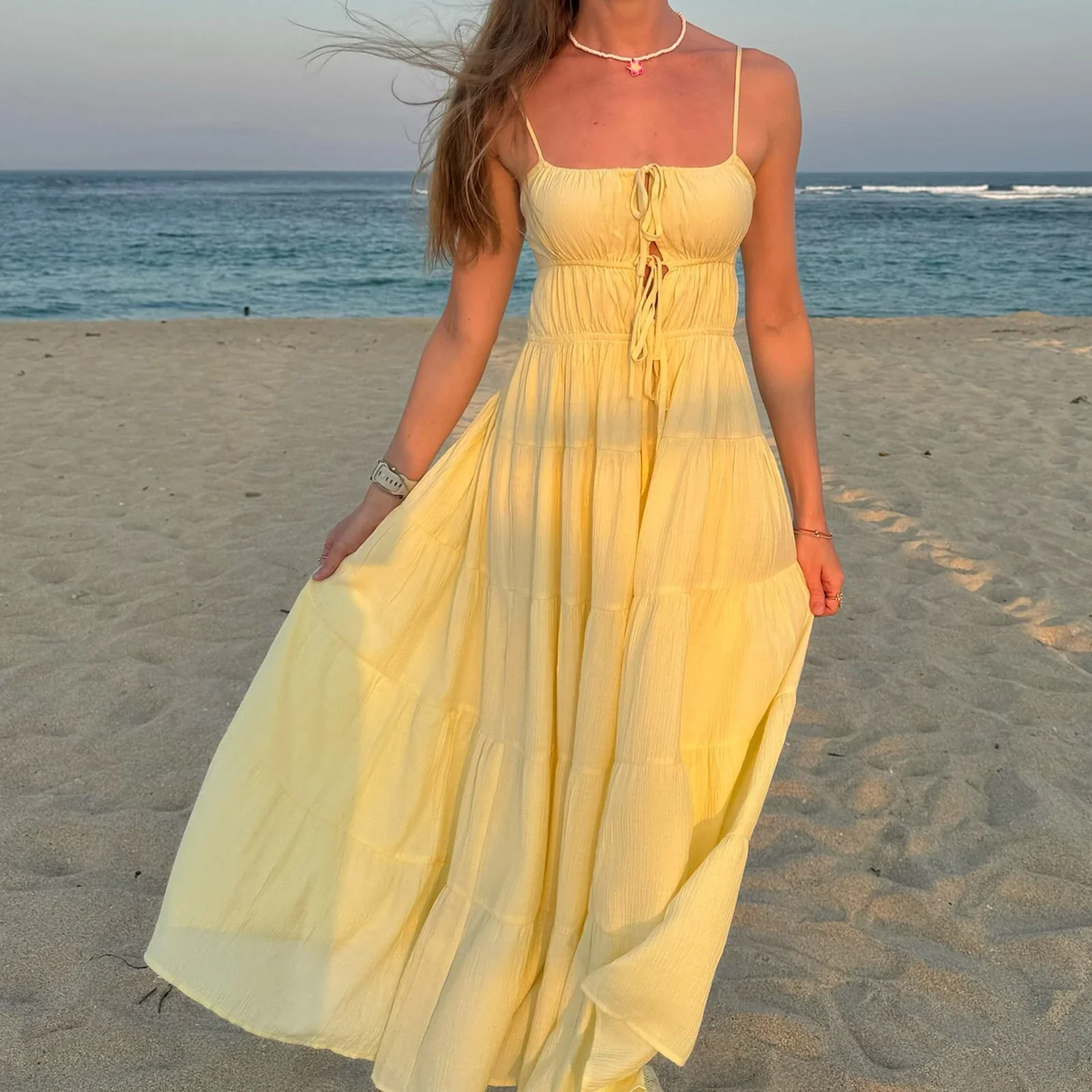 Front Tie Ruffled Slip Cami Vacation Dress