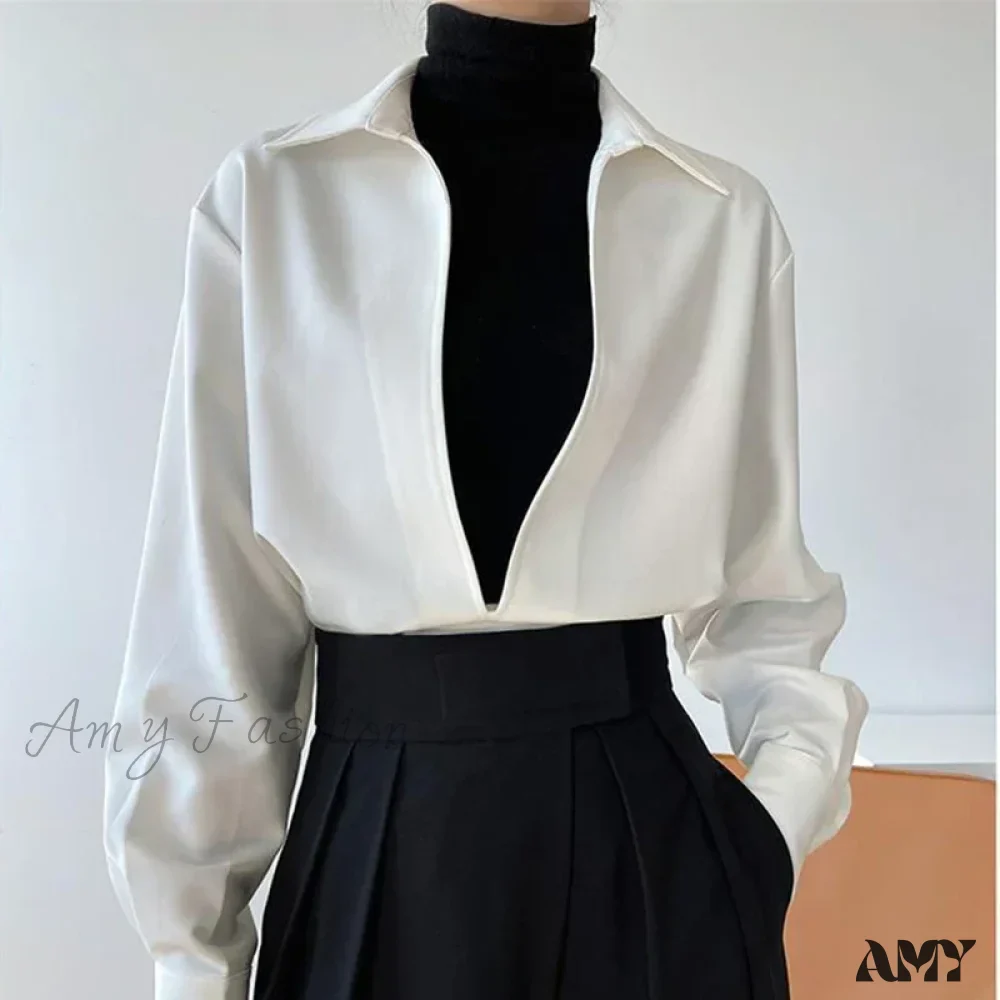 Gidyq Vintage Elegant Loose Fall Solid V-Neck Simple Outerwear Blouse