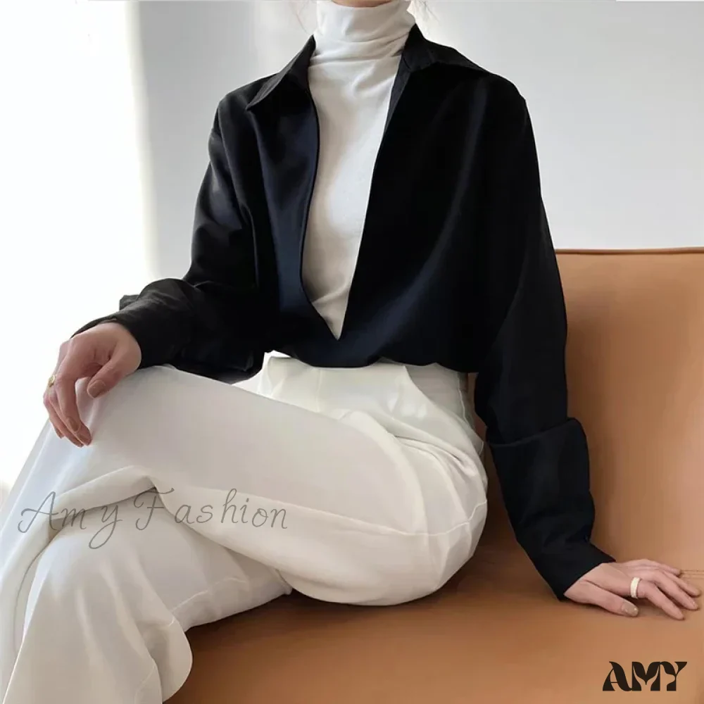 Gidyq Vintage Elegant Loose Fall Solid V-Neck Simple Outerwear Blouse - Image 2