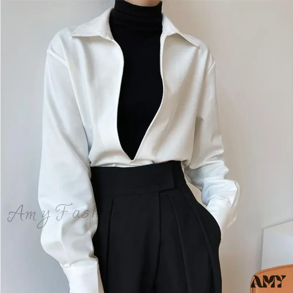 Gidyq Vintage Elegant Loose Fall Solid V-Neck Simple Outerwear Blouse - Image 3