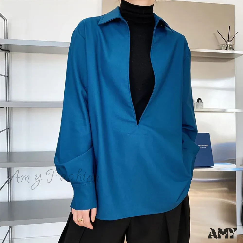 Gidyq Vintage Elegant Loose Fall Solid V-Neck Simple Outerwear Blouse - Image 4