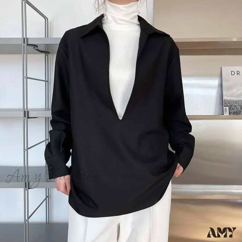 Gidyq Vintage Elegant Loose Fall Solid V-Neck Simple Outerwear Blouse - Image 5