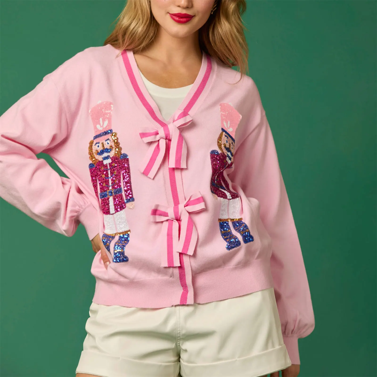 Glitter Sequined V-neck Bow Button Cardigan