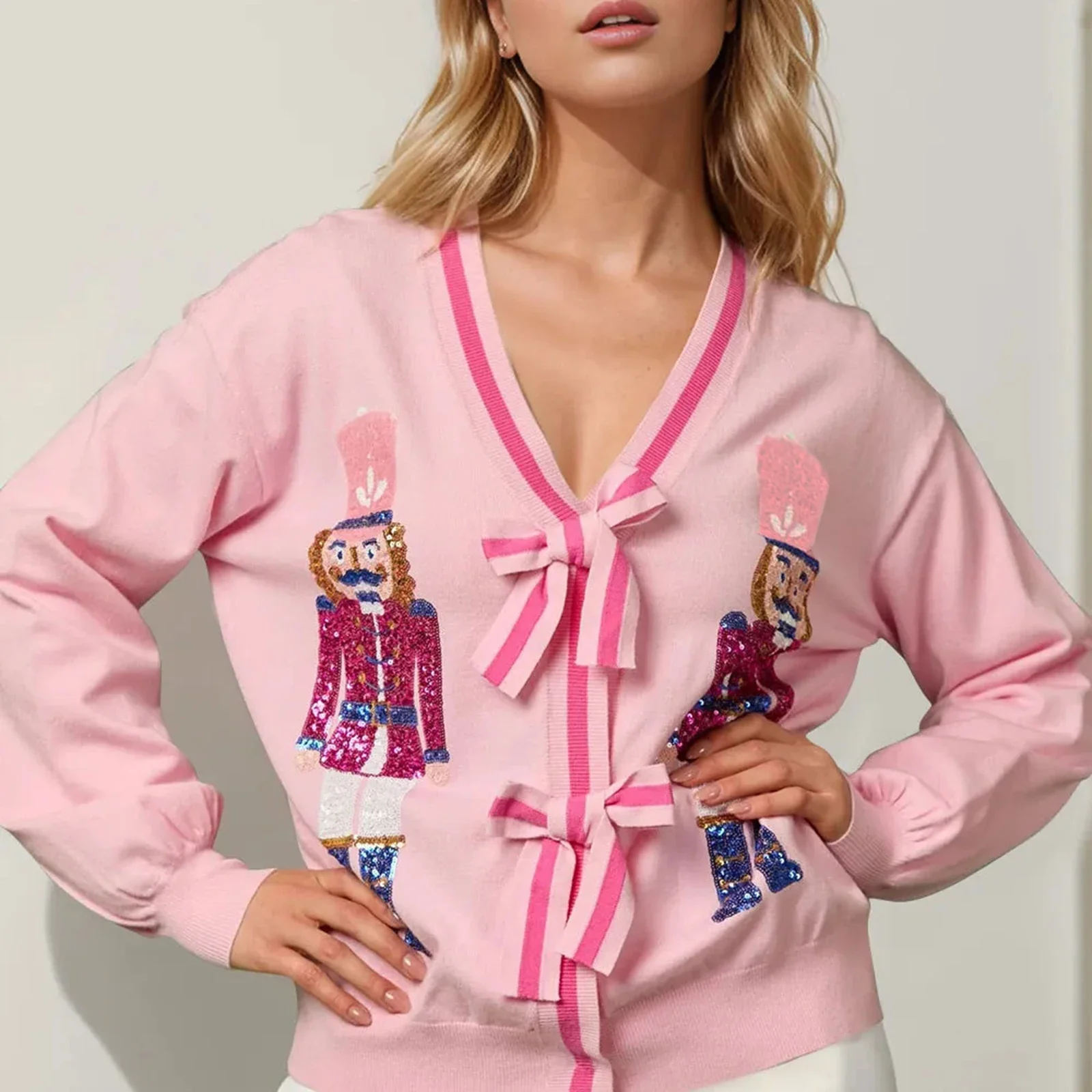 Glitter Sequined V-neck Bow Button Cardigan - Image 2