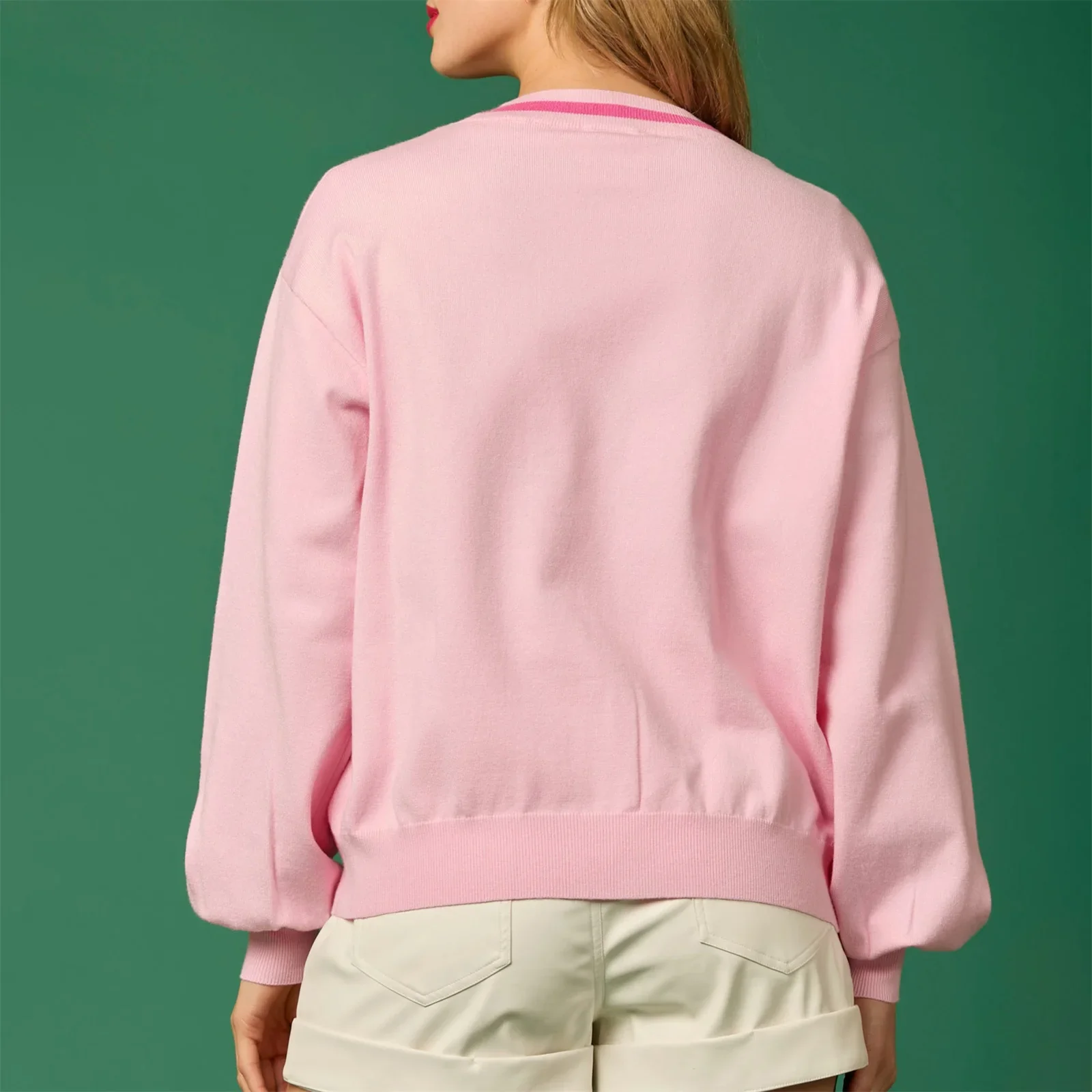 Glitter Sequined V-neck Bow Button Cardigan - Image 3