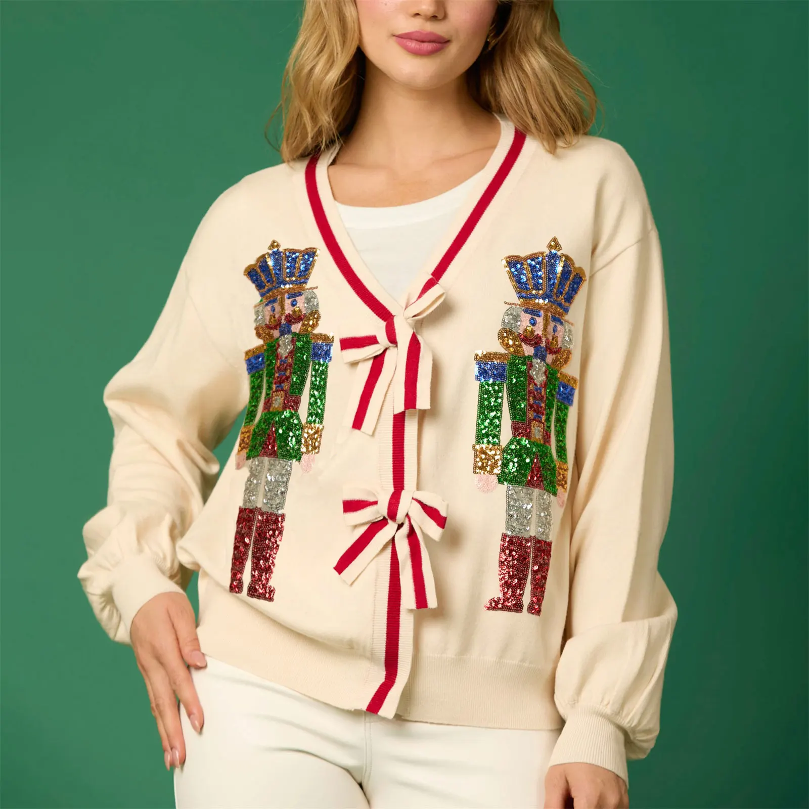 Glitter Sequined V-neck Bow Button Cardigan - Image 4