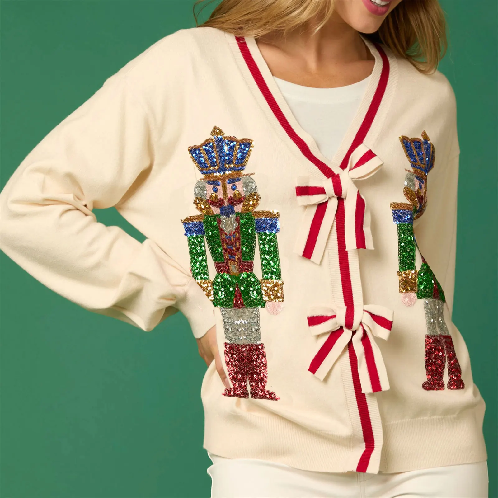 Glitter Sequined V-neck Bow Button Cardigan - Image 5