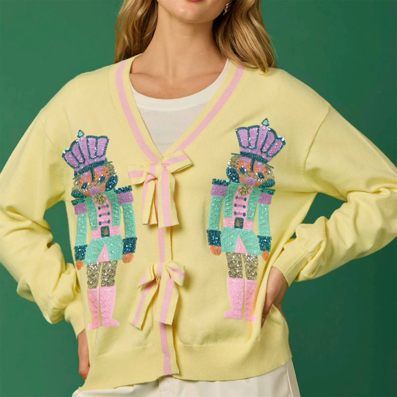 Glitter Sequined V-neck Bow Button Cardigan - Image 6