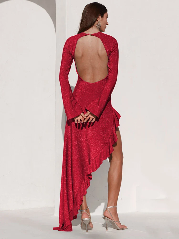 Glitter Thigh High Split Ruffled Bodycon Dress - Image 6