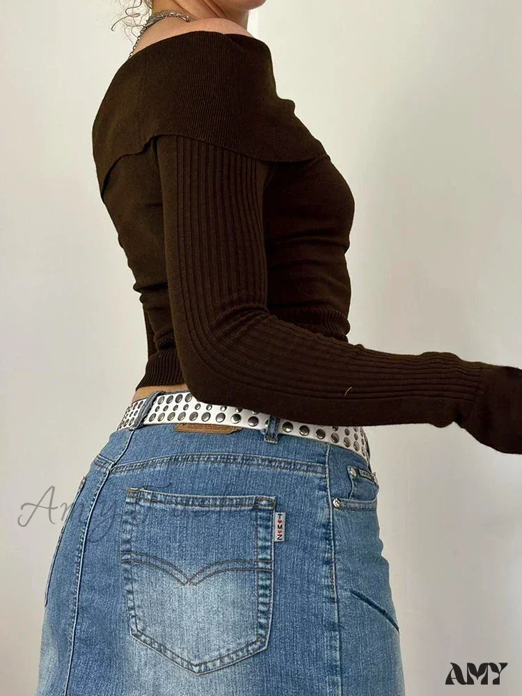 Grunge Retro Off Shoulder Elegant Slash Neck Long Sleeve Sweater - Image 4