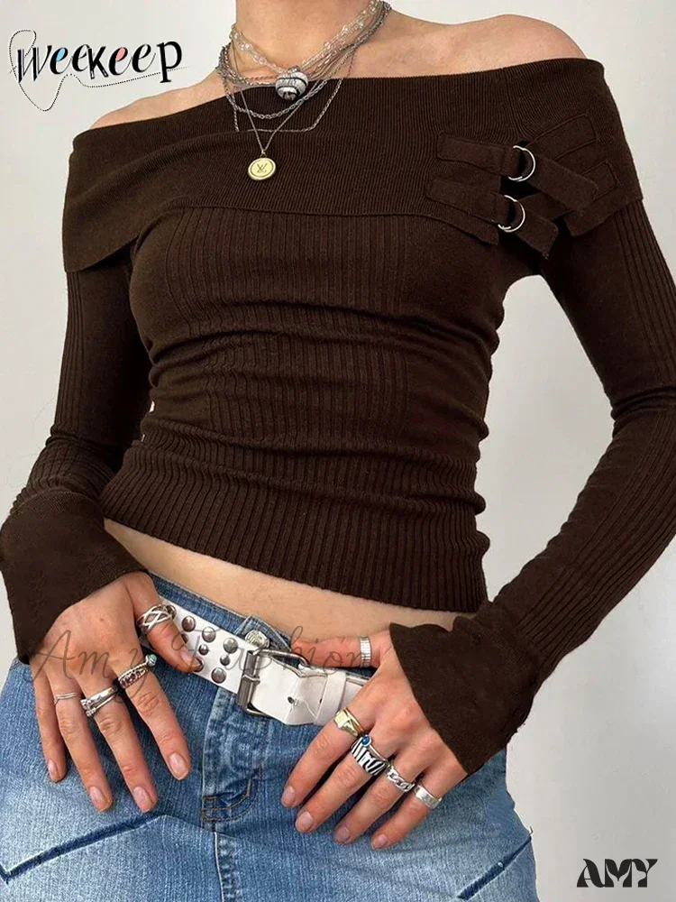 Grunge Retro Off Shoulder Elegant Slash Neck Long Sleeve Sweater - Image 5