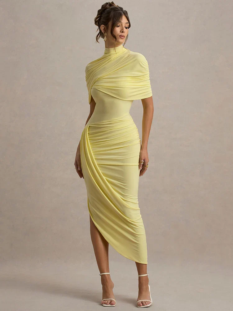 Half Sleeve Turtleneck Ruched Bodycon Dress
