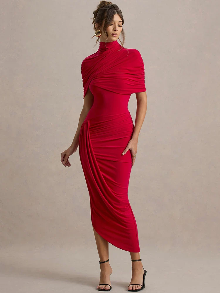 Half Sleeve Turtleneck Ruched Bodycon Dress - Image 2