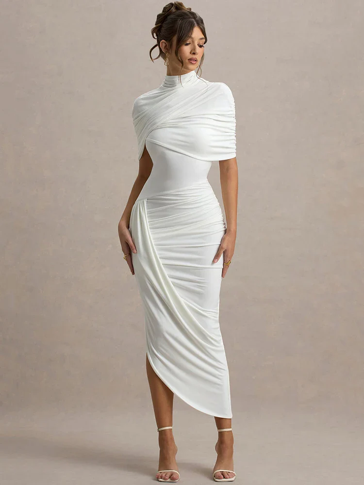 Half Sleeve Turtleneck Ruched Bodycon Dress - Image 3