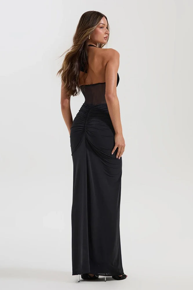 Halter Mesh Paneled Pencil Maxi Party Dress - Image 2