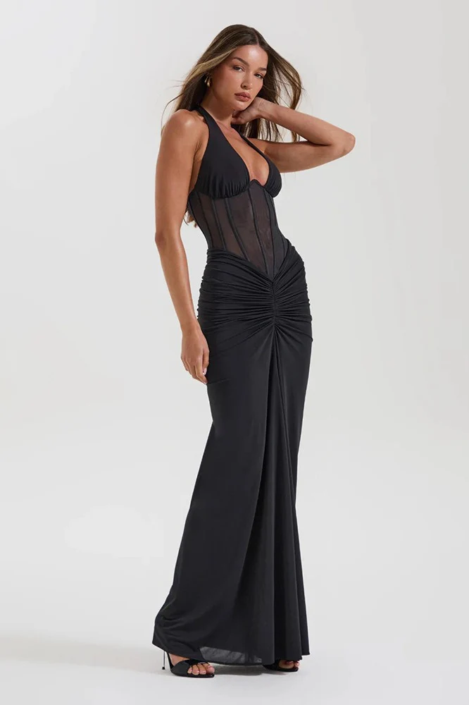 Halter Mesh Paneled Pencil Maxi Party Dress - Image 4