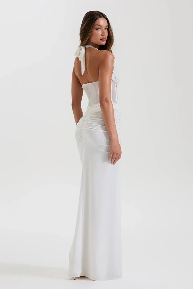 Halter Mesh Paneled Pencil Maxi Party Dress - Image 7