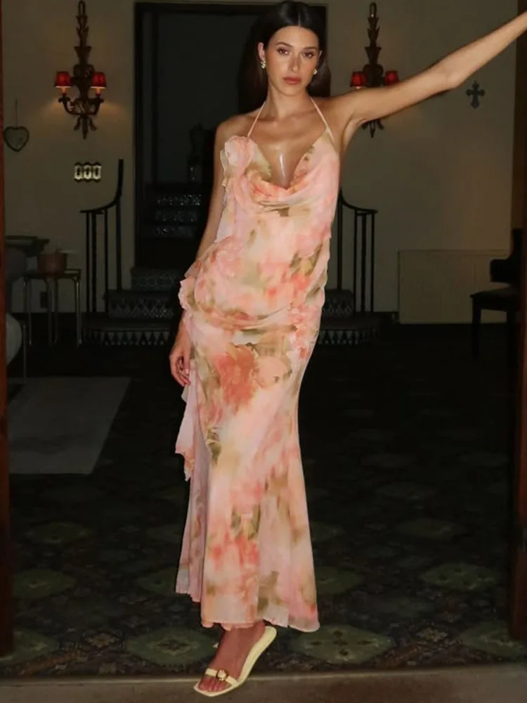 Halter Print Ruffle Sleeveless Backless Vacation Dress - Image 2