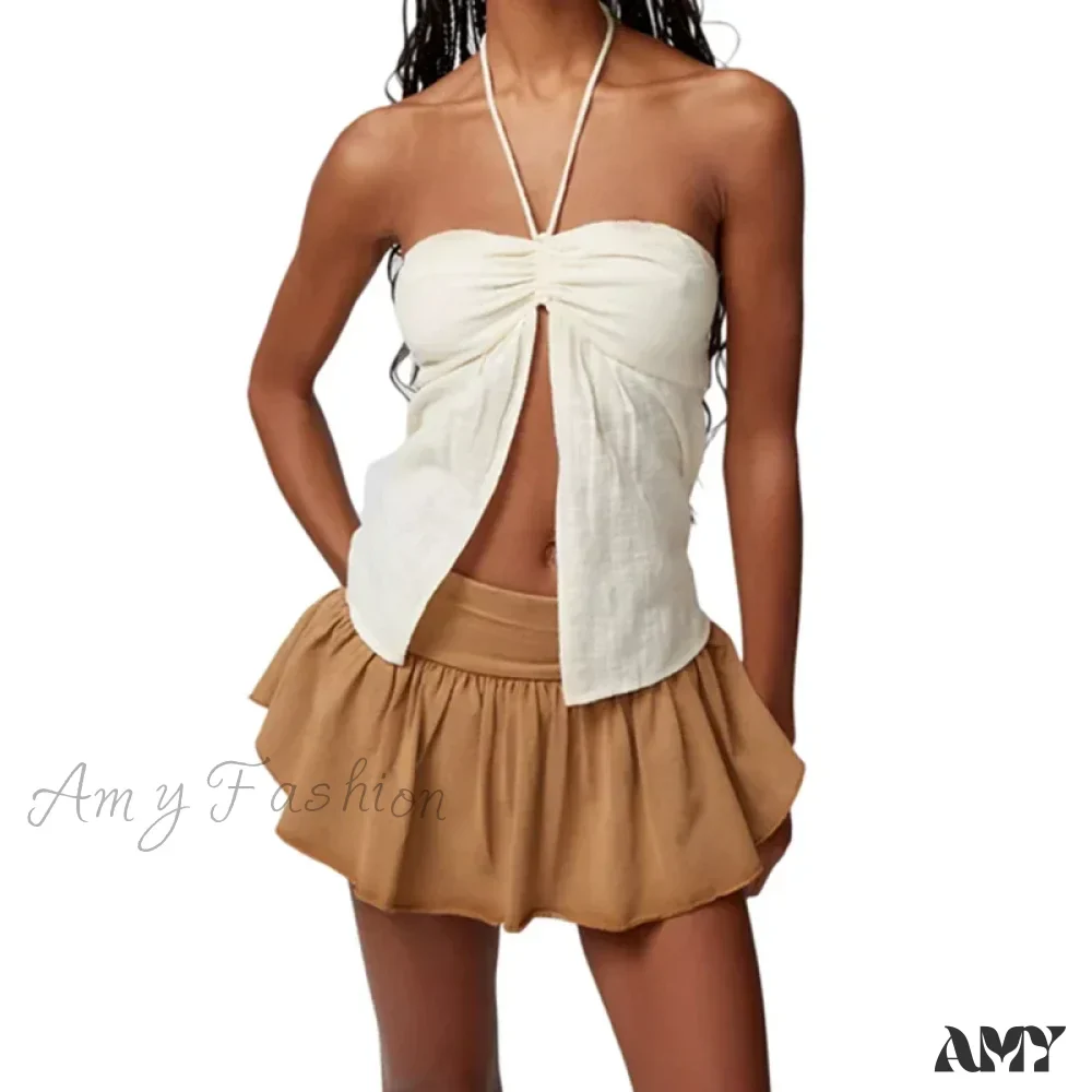 Halter Solid Color Spaghetti Strap Sleeveless Front Split Summer Streetwear Crop Top