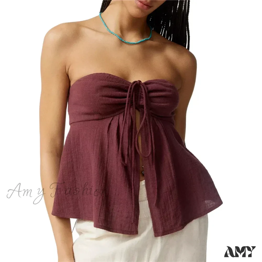 Halter Solid Color Spaghetti Strap Sleeveless Front Split Summer Streetwear Crop Top - Image 4