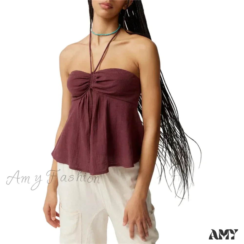 Halter Solid Color Spaghetti Strap Sleeveless Front Split Summer Streetwear Crop Top - Image 5