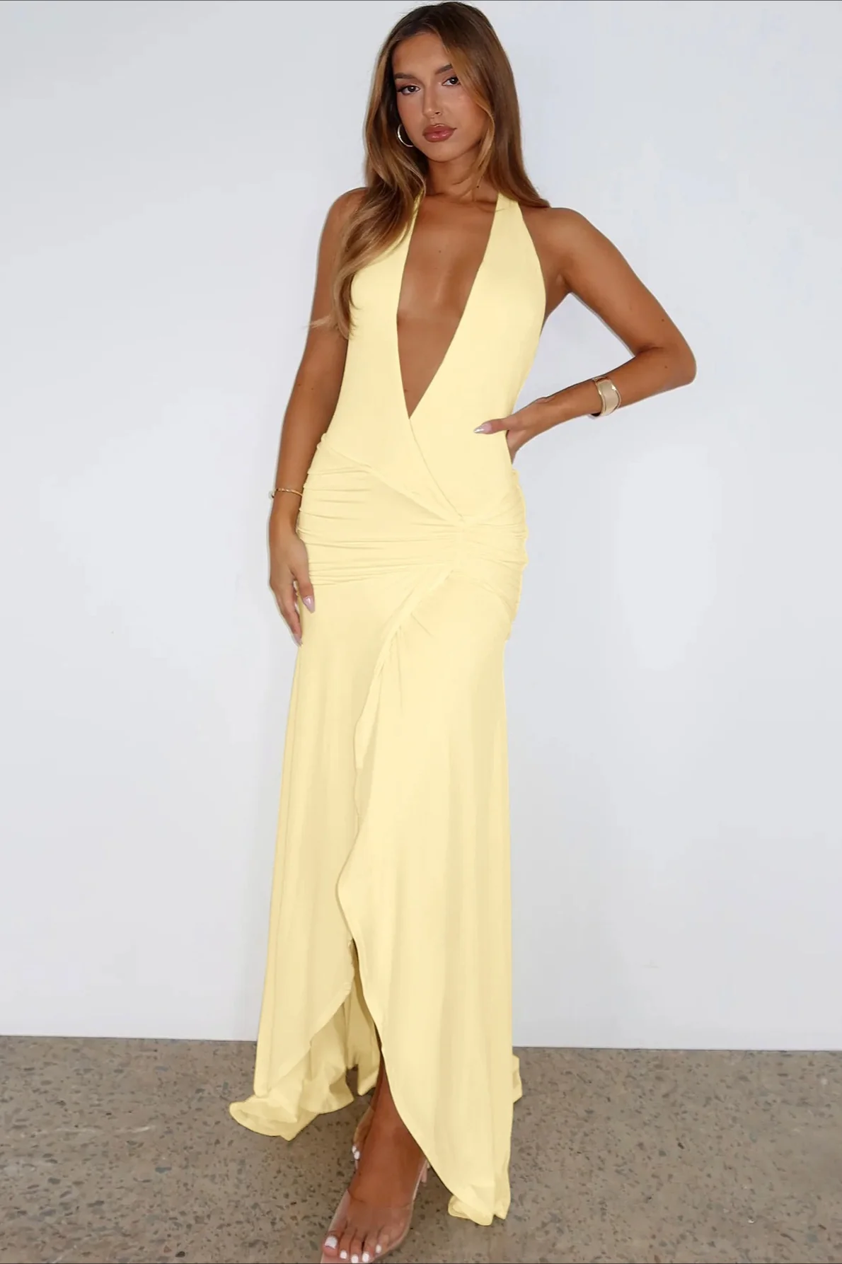 Halter V-Neck Backless Ruched High Slit Party Dress - Image 3