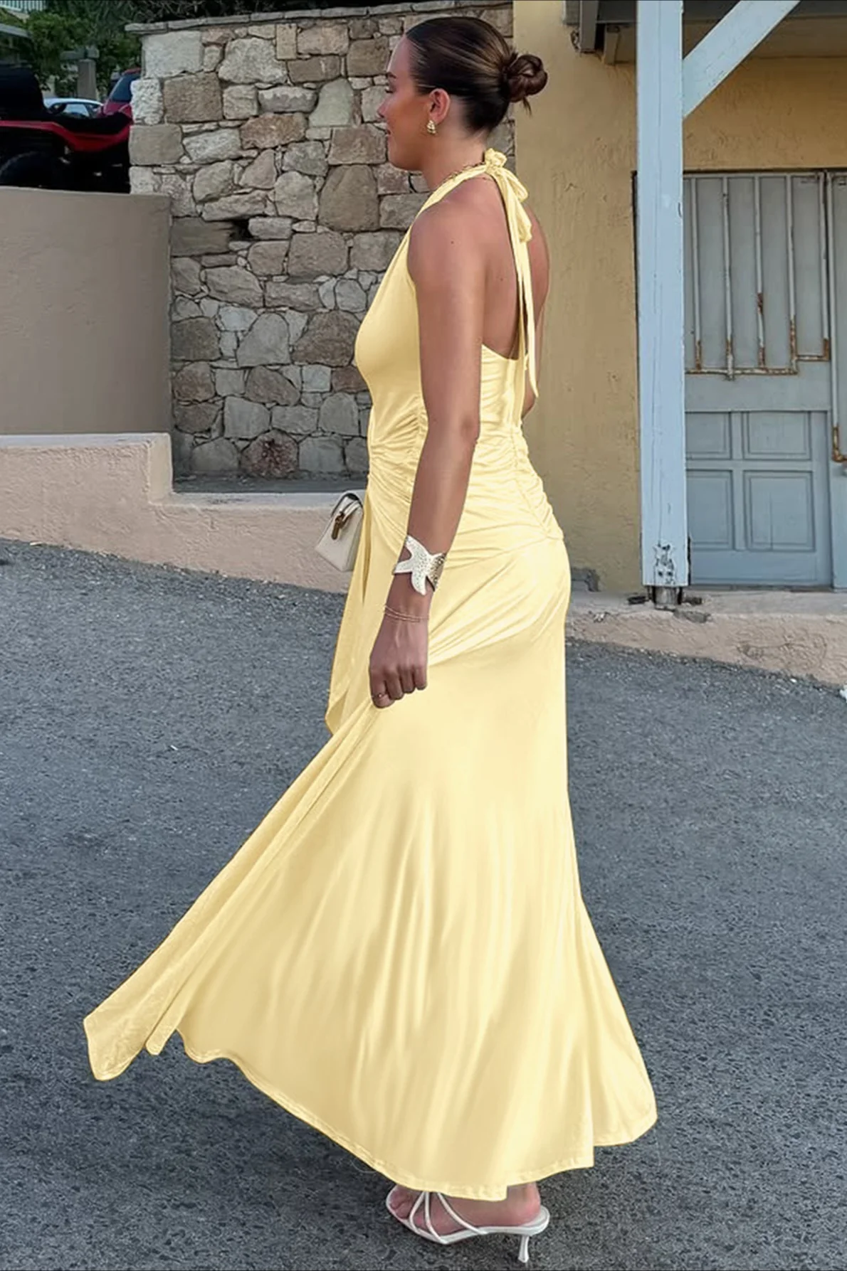 Halter V-Neck Backless Ruched High Slit Party Dress - Image 4