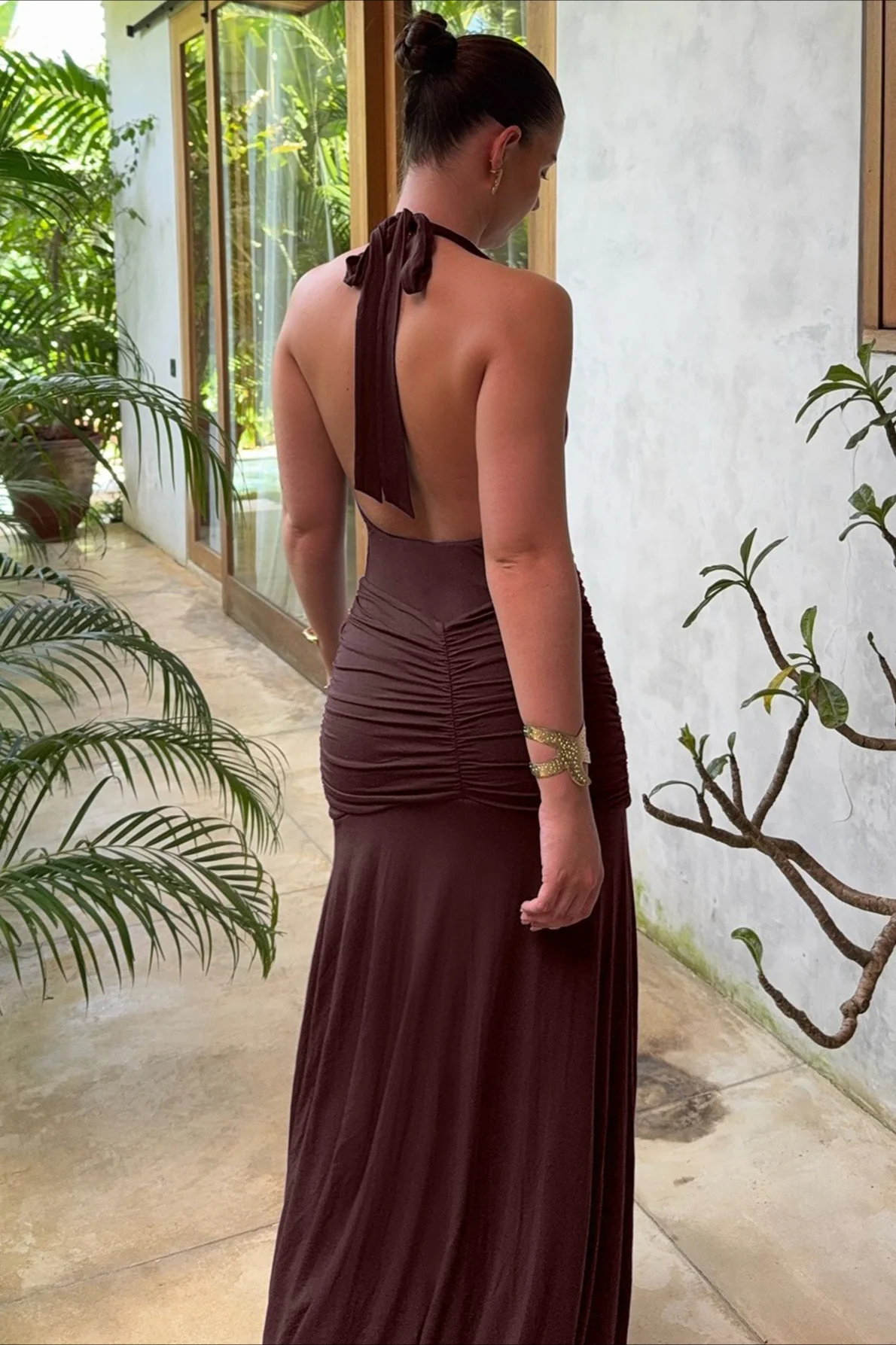 Halter V-Neck Backless Ruched High Slit Party Dress - Image 9