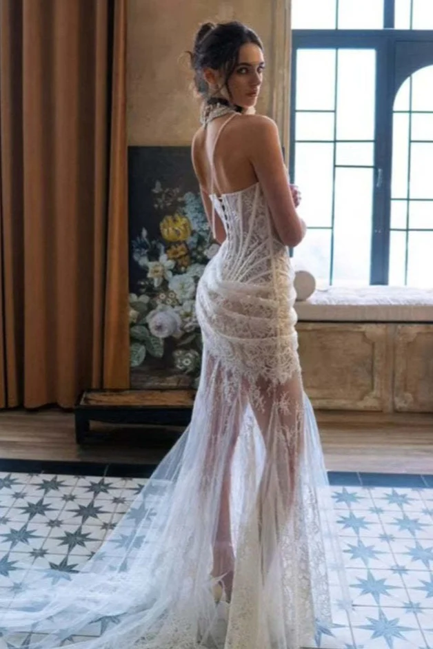 High-End Lace Sheer Paneled Corset Strapless Party Dress - Image 5
