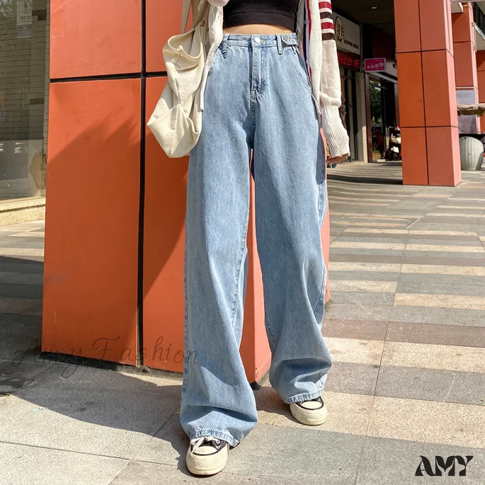 Amy Fashion - High Quality Vintage Blue Wide-Leg Straight Fashion Jean