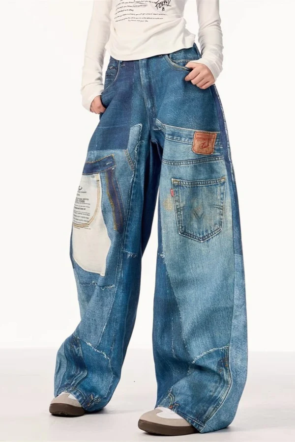 High Street Vintage Patchwork Print Wide-Leg Jeans - Image 2