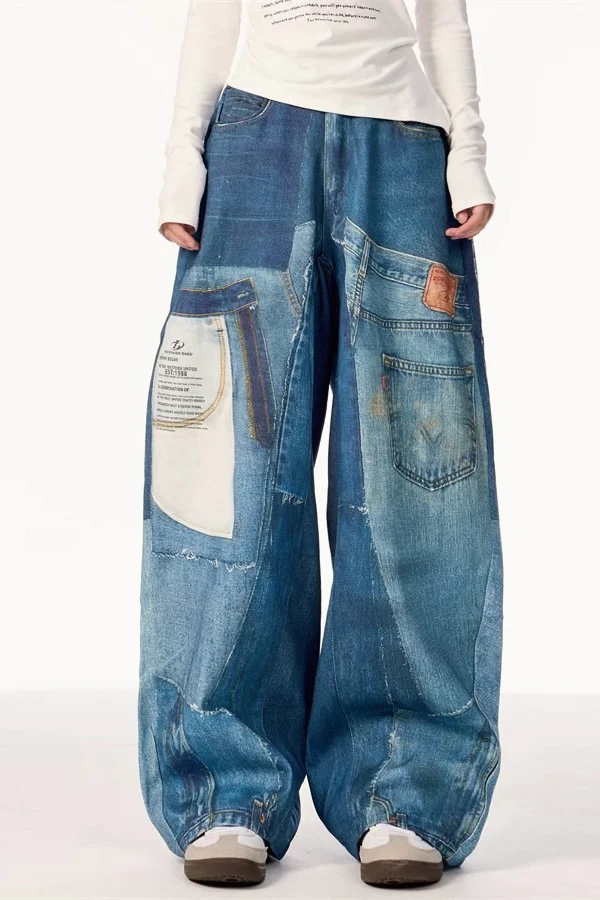 High Street Vintage Patchwork Print Wide-Leg Jeans - Image 3
