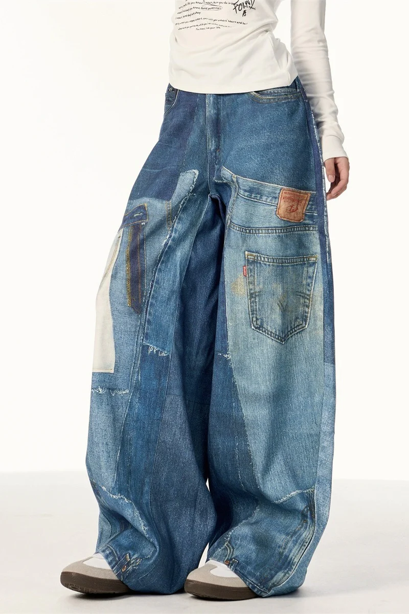 High Street Vintage Patchwork Print Wide-Leg Jeans - Image 4