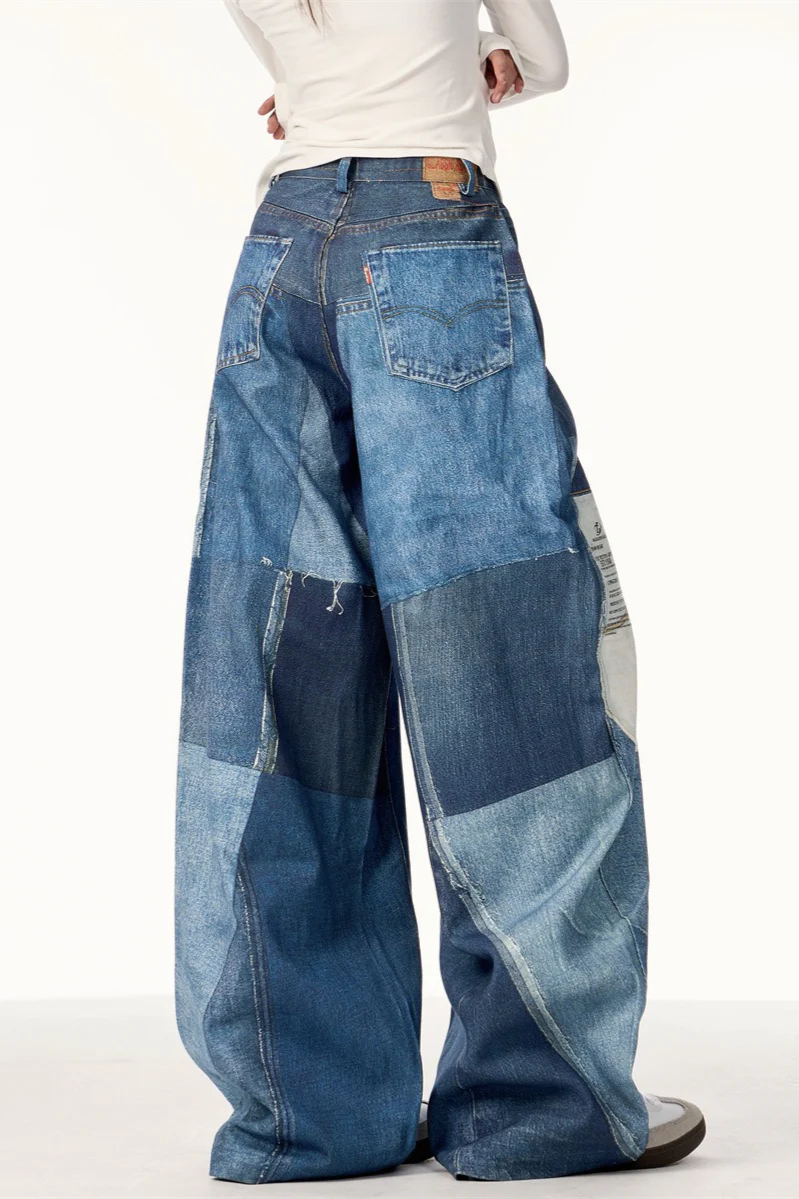 High Street Vintage Patchwork Print Wide-Leg Jeans - Image 5