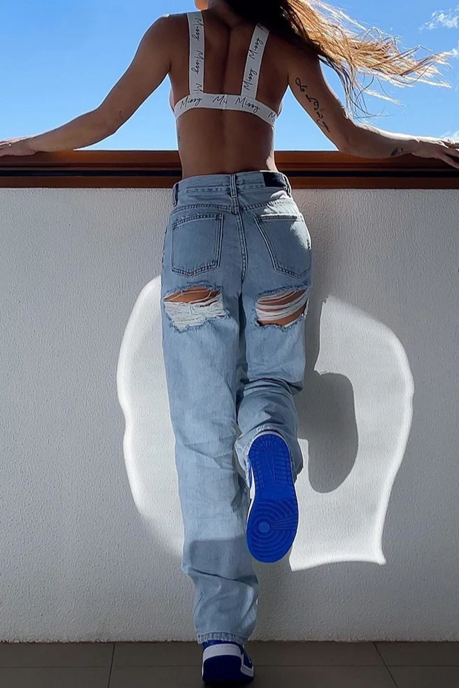 High Waist Distressed Slim Fit Denim Jeans