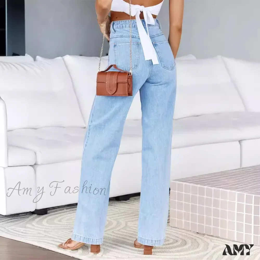 High Waist Loose Fit Wide Leg Button Basics Solid Color Denim Casual Pockets Jean - Image 2