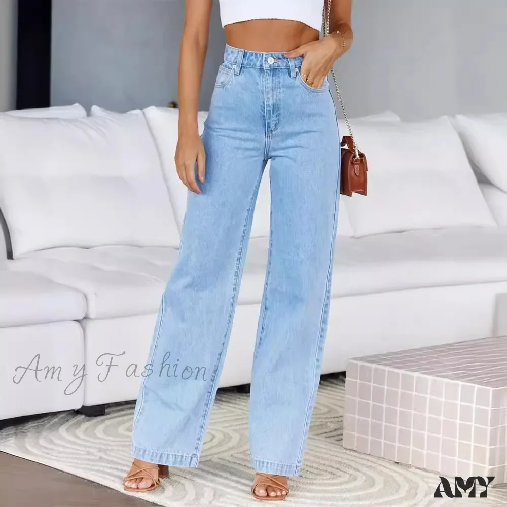 High Waist Loose Fit Wide Leg Button Basics Solid Color Denim Casual Pockets Jean - Image 3