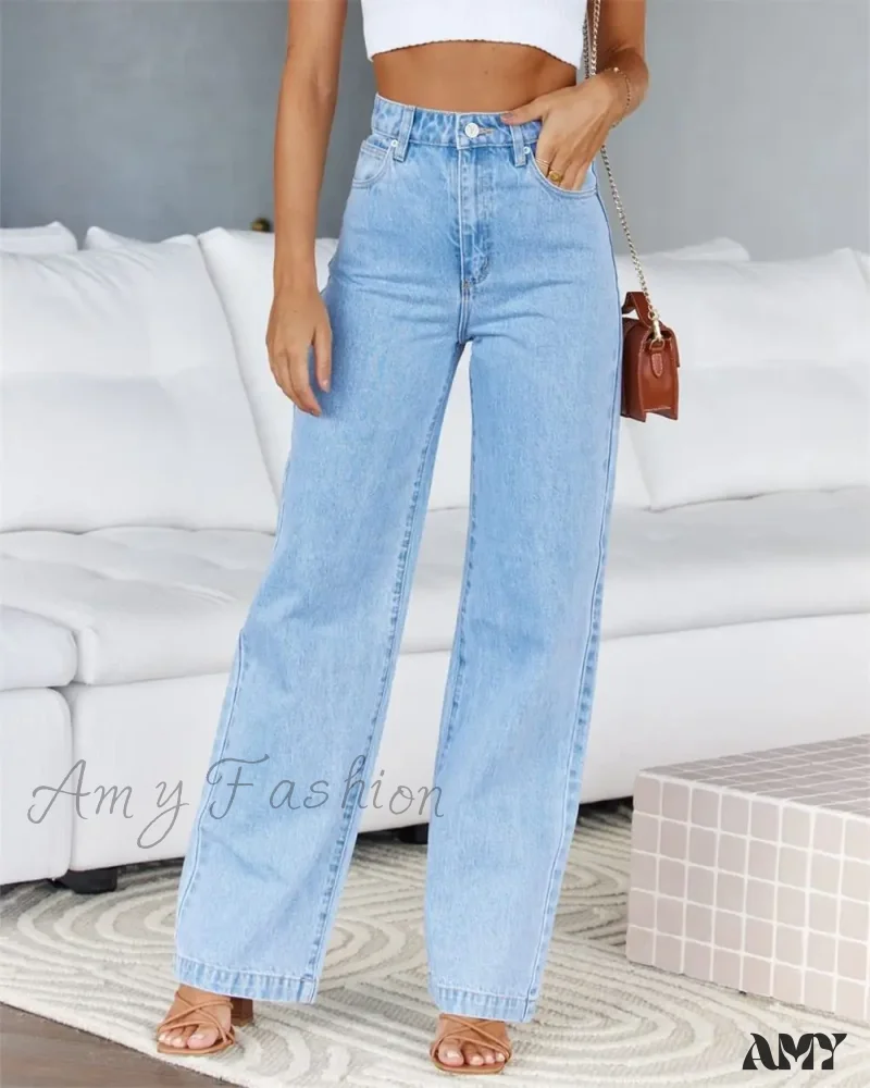 High Waist Loose Fit Wide Leg Button Basics Solid Color Denim Casual Pockets Jean - Image 4