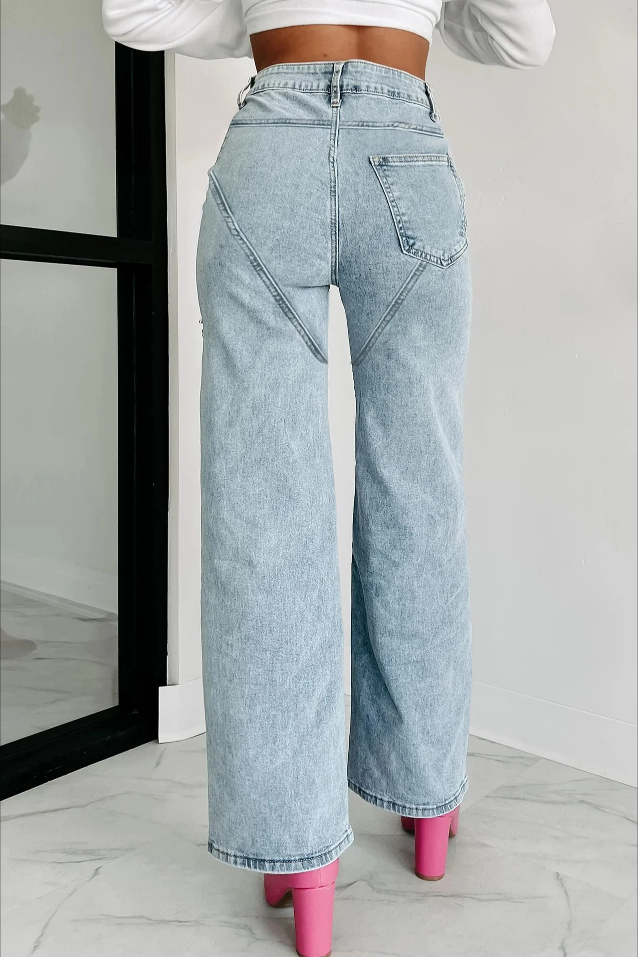High-Waisted Washed Ripped Chain Straight Leg Jeans - Image 6