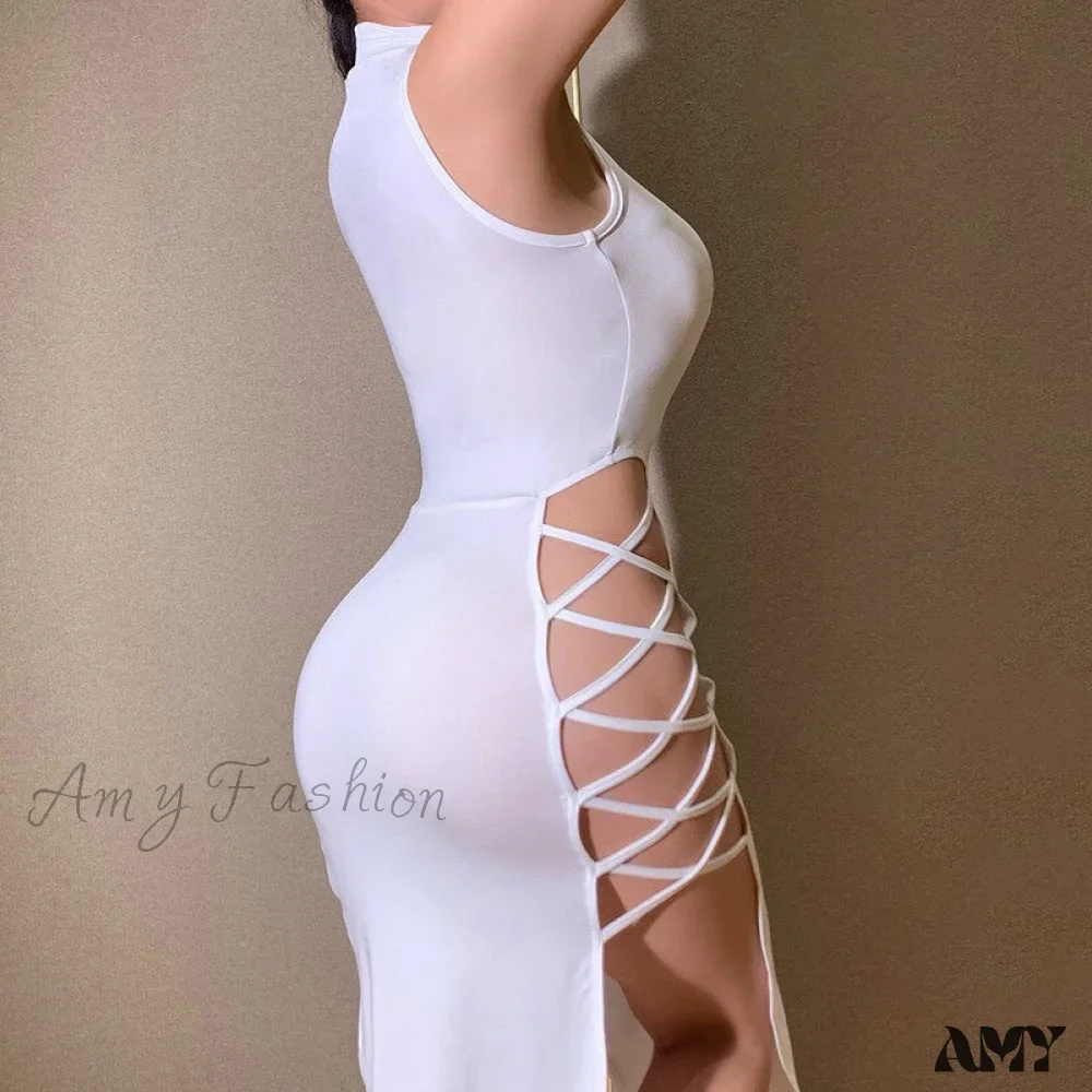 Amy Fashion - Lady Sleeveless Mock Side High Slit Cutout Dresses - Image 31