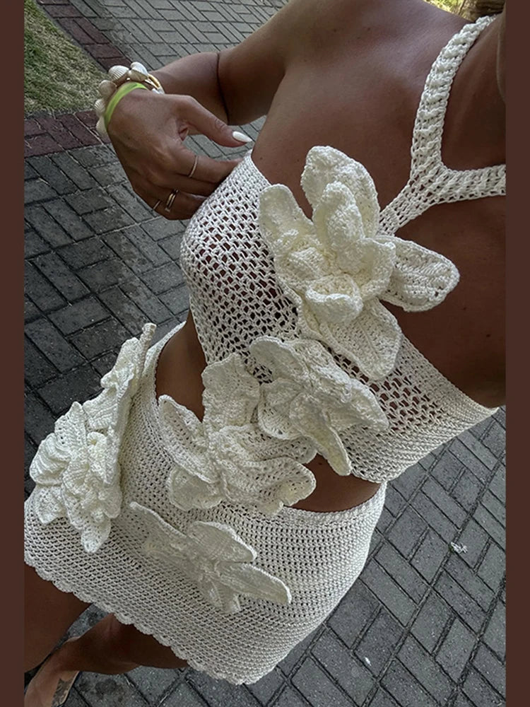 Hollow Knit Halter Mini Floral Dress - Image 2