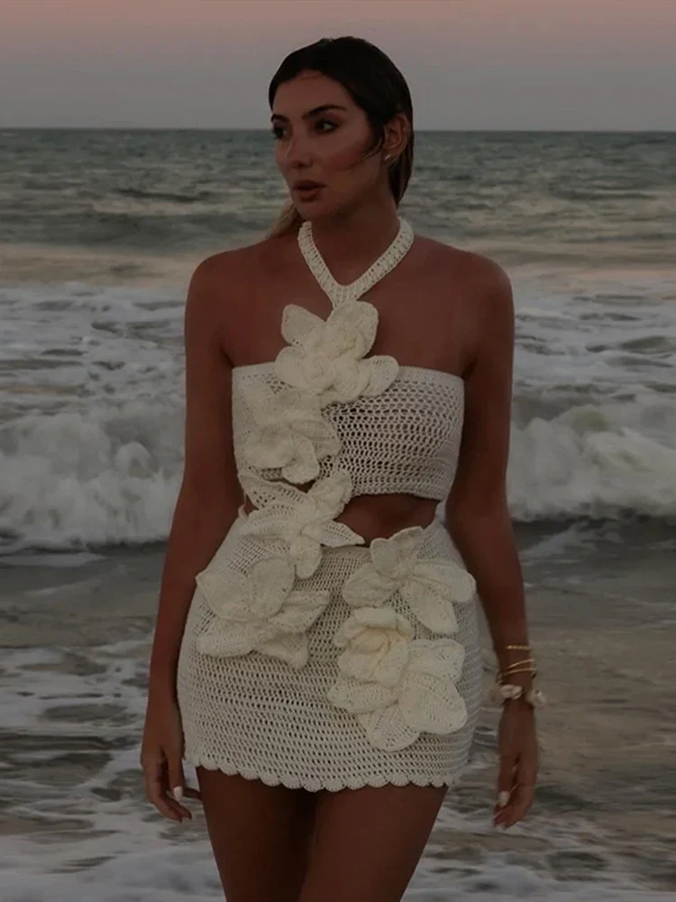 Hollow Knit Halter Mini Floral Dress - Image 5