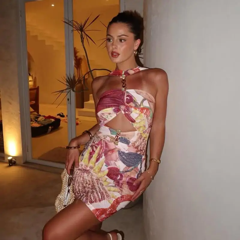 Hollow Out Printing Halter Mini Dress - Image 4