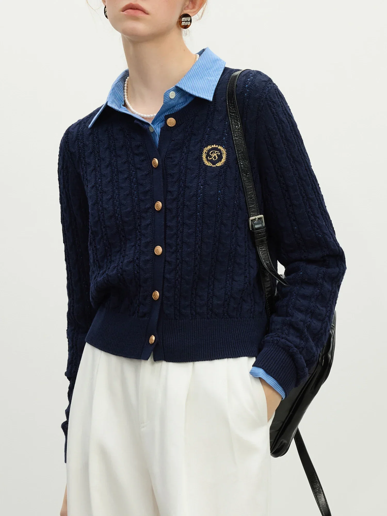 Hollow Round Neck Office Knit Cardigan - Image 3