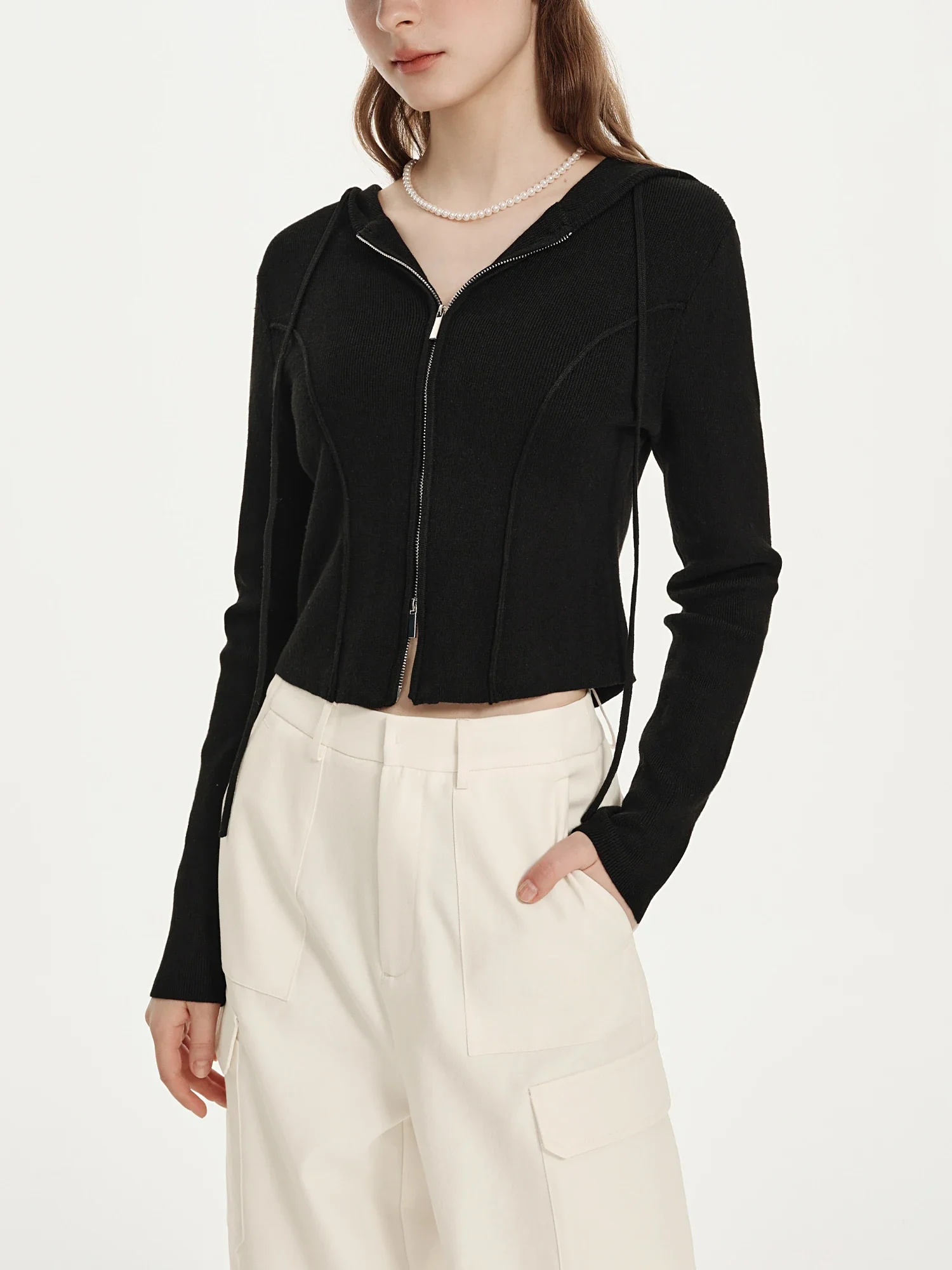 Hooded Herringbone Short Knit Cardigan - Image 2