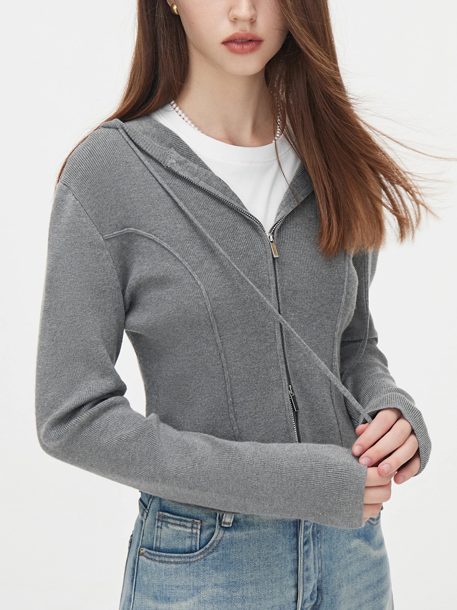 Hooded Herringbone Short Knit Cardigan - Image 3