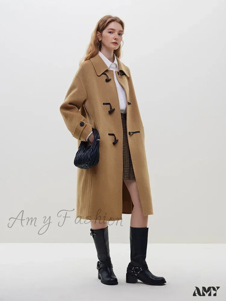 Horn Button College Style Red Camel Simple Mid-Length Black Wool Coat - Image 3